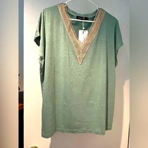 XL Merokeety Washed Color Green T Style Embroidered V Neck